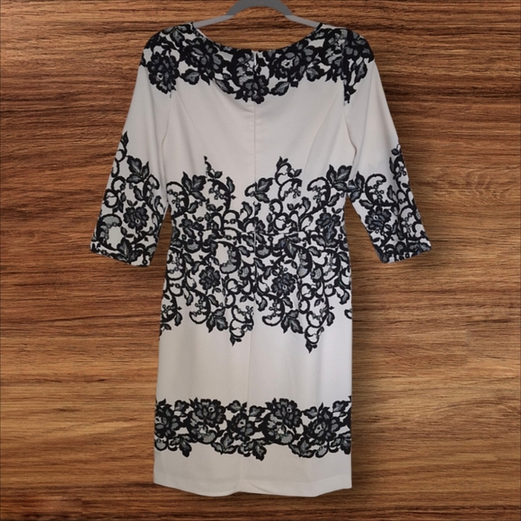 Adrianna Papell Ivory with Black Floral Lace-Print Sheath Dress  Women Size 10 - Picture 4 of 16